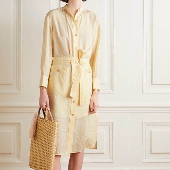 VINCE Pale Yellow Crepe de Chine Belted Button-Down Midi Dress, M - Picture 2 of 10